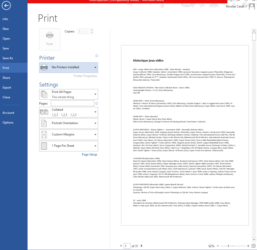 print preview mode with Word software